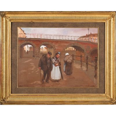 tableau représentant un couple marchant dans une rue, avec un pont en arrière-plan