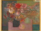 a painting of flowers in a vase on a table