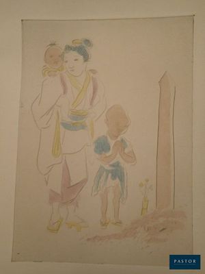 un dessin représentant une femme et un enfant dans une pièce