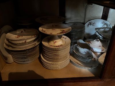 tout un tas d'assiettes qui traînent sur une étagère
