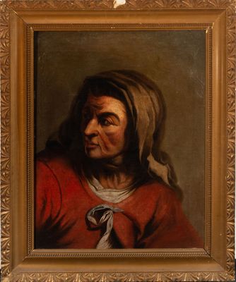 portrait of an old woman in a red coat with a white scarf