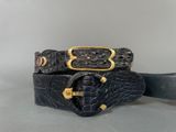 a close up of a black belt with a gold buckle