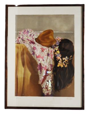 painting of a woman with a hat on her head leaning against a wall