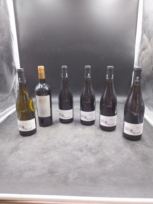 Plusieurs bouteilles de vin sont alignées sur un comptoir