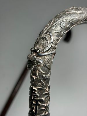 gros plan sur une canne en argent surmontée d'une tête de dragon