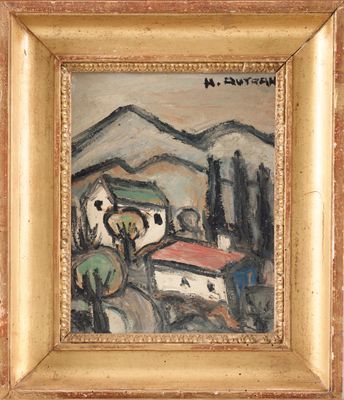 an image of a painting of a village with a mountain in the background