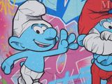 two cartoon characters on a wall with graffiti on it