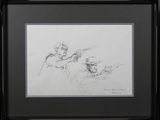 drawing of a man with a gun and a woman with a hat