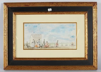 une image représentant un tableau où l'on voit des personnes sur une plage, avec une maison en arrière-plan