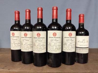 six bottles of red wine are lined up on a wooden table