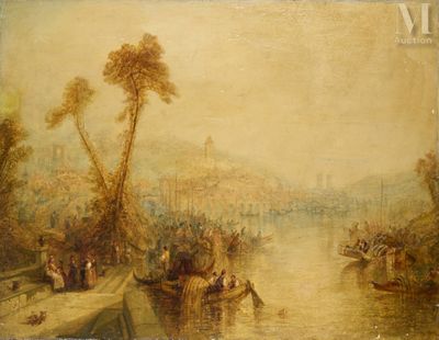 tableau représentant une scène fluviale avec des bateaux et des personnes sur la rive