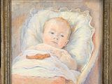 painting of a baby in a bed with a blanket and a donut