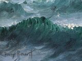 a painting of a wave in the ocean with birds flying around