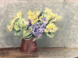 a painting of a vase of flowers on a table