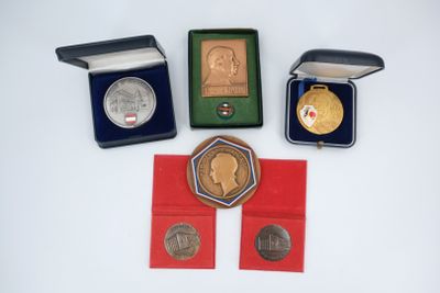 three medals and a medal in a case on a white surface