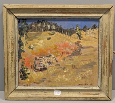 an oil painting of a field with trees in the background