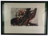 framed and matted print of a bullfight scene with a bull in the foreground