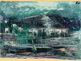 a painting of a man standing in a boat on the water
