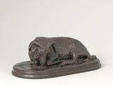 an image of a bronze statue of a dog laying on top of a wooden base