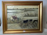 une image représentant un tableau où l'on voit des vaches dans un champ, avec une grange en arrière-plan