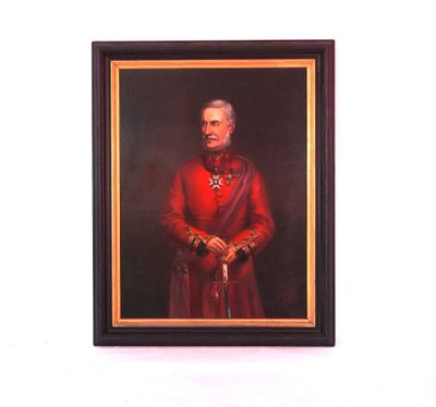 portrait d'un homme vêtu d'un manteau rouge, une canne à la main