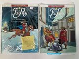 two comics of a man on a horse and a man on a horse