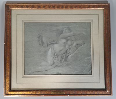 tableau représentant une femme nue assise sur un cheval, dans un cadre en bois