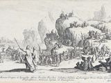 drawing of a large group of people gathered around a man on a horse