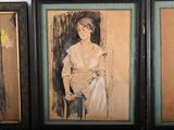three framed drawings of a woman in a white dress and a man in a black suit
