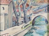 tableau représentant une rivière traversant une ville, enjambée par un pont