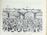 dessin représentant un groupe de personnes debout devant une gare