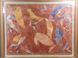 tableau encadré représentant une peinture d'un groupe d'oiseaux sur fond rouge