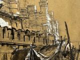 drawing of a street scene with tents and a building in the background