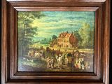 an oil painting of a farm scene with a horse drawn carriage