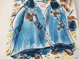 painting of two women in blue robes walking on a beach