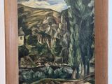 une peinture à l'huile représentant un paysage avec des arbres et des montagnes en arrière-plan