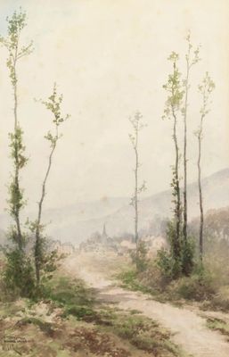 painting of a dirt road with trees on either side and a mountain in the background