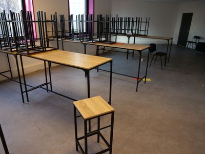 a room with tables and stools in it