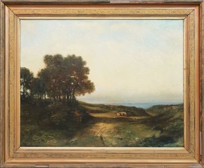 une image représentant un tableau représentant un paysage avec des arbres et des moutons