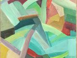 une peinture à l'huile représentant une œuvre abstraite aux couleurs vives, montée sur un châssis en bois