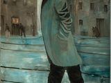 a painting of a man walking down the street in the rain