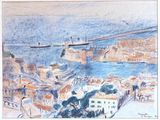 painting of a view of a city with a bridge over a river
