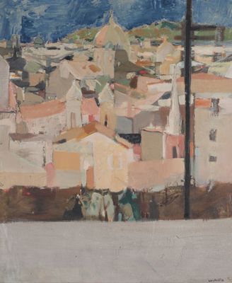 peinture représentant une vue de ville avec un lampadaire au premier plan