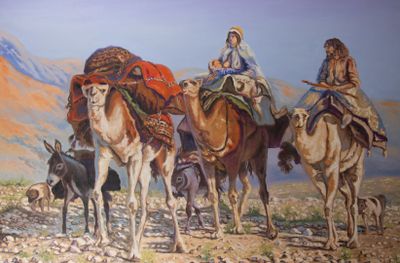 tableau représentant un groupe de personnes chevauchant des chameaux