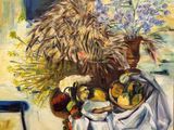 painting of a table with a bunch of fruit and flowers on it