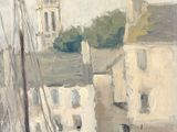 painting of a sailboat in a harbor with a church in the background