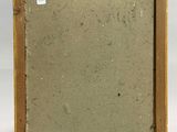 a painting of a brown frame with a white label on it