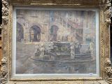 une photo d'un tableau représentant une fontaine au milieu de la rue