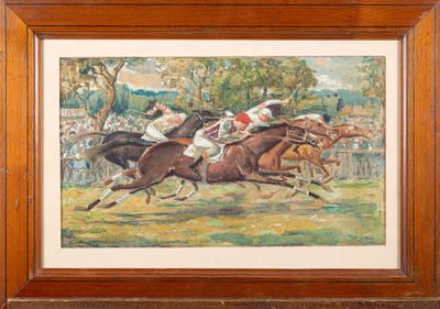 a painting of a horse race with jockeys and horses