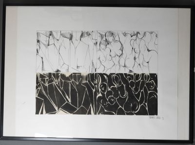 un dessin en noir et blanc représentant un groupe de personnes sur un mur